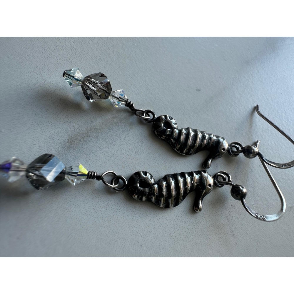 Sterling Silver Seahorse Dangle Earrings Oxidized Crystal Beads 925 Nautical - Picture 3 of 6